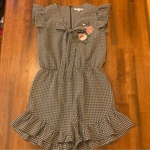 After Market Romper Medium Black White Gigham Flutter Ruffle Hem Embroidery